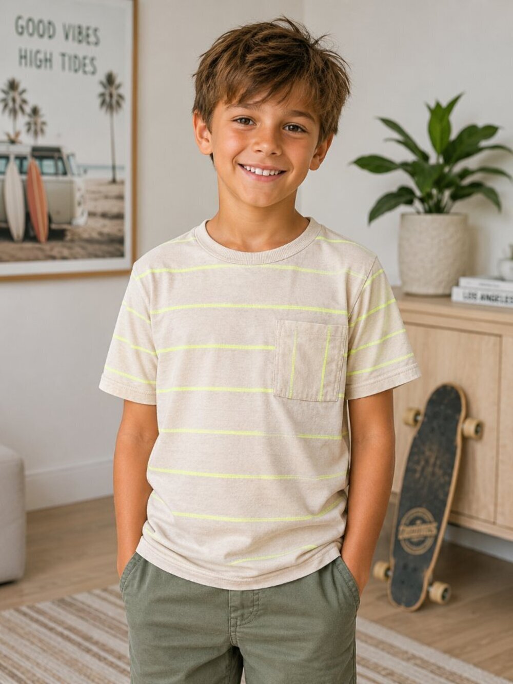 Cat & Jack Boys Striped Pocket T Size Medium (8) Beige Neon Yellow Short Sleeve